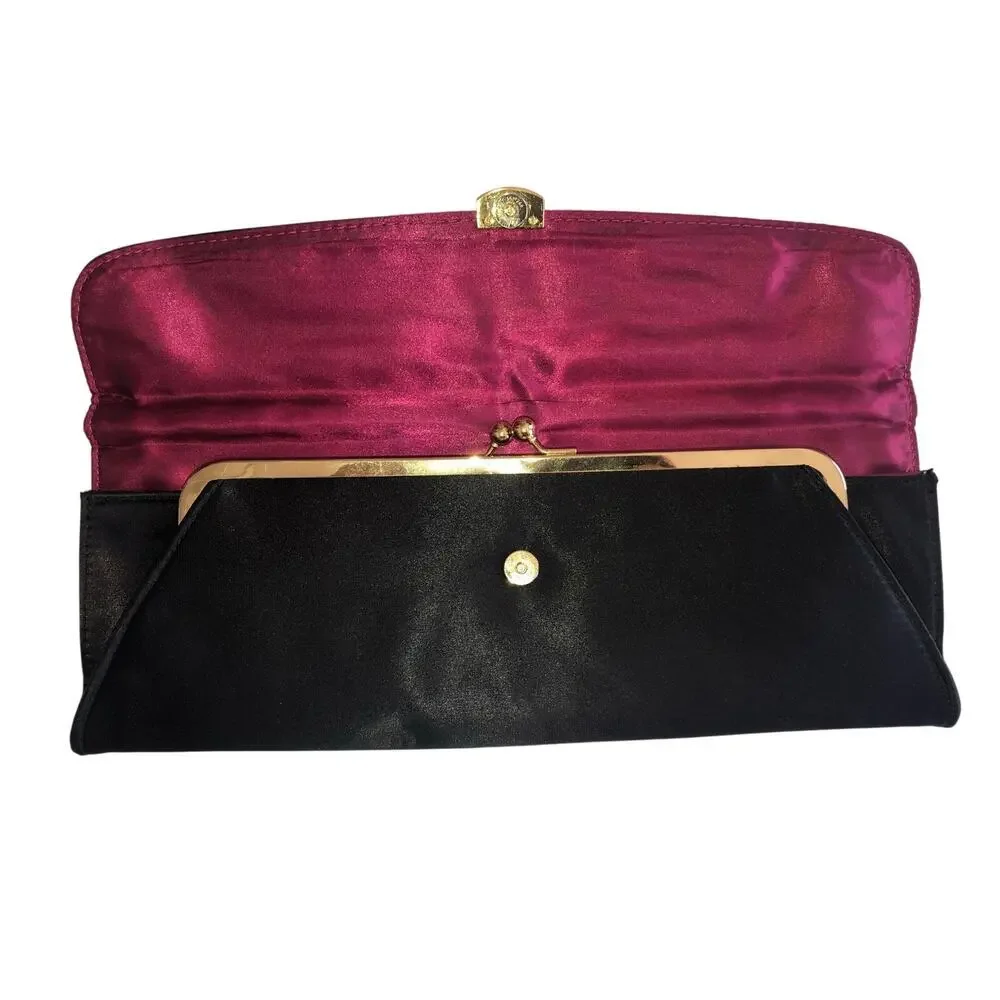 Black Satin Clutch Evening Bag Steven Kiss Lock Pink Lined Gold Avant Garde Vtg
